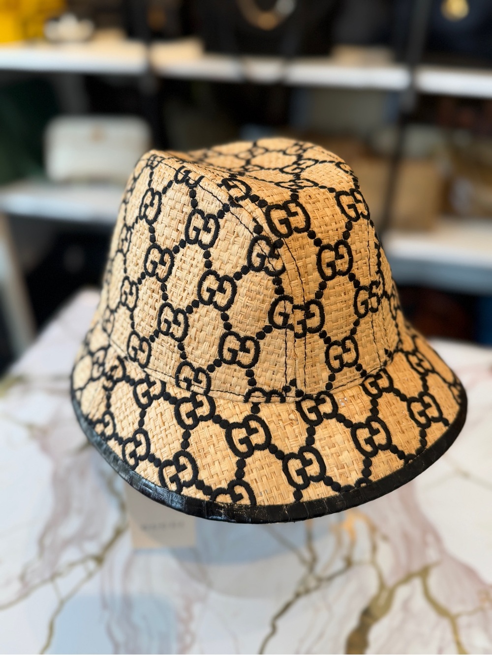 Gucci Natural Raffia Bucket Hat with Black GG Logo